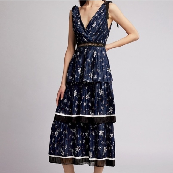 Self-Portrait Dresses & Skirts - Self Portrait Women's Tiered Star Satin Printed Midi
Dress Navy Floral